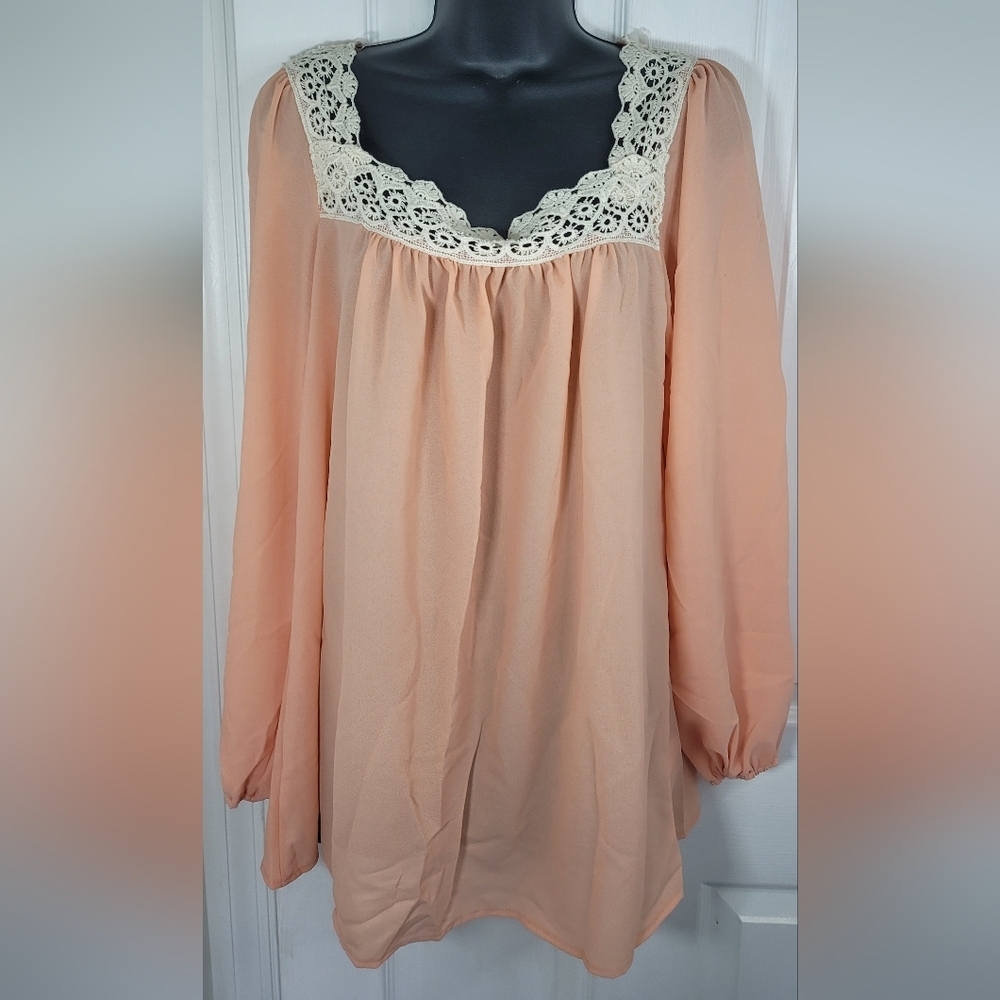 Haptics Crotchet Lace Cream Neckline Peach Long Sleeve Blouse Modest